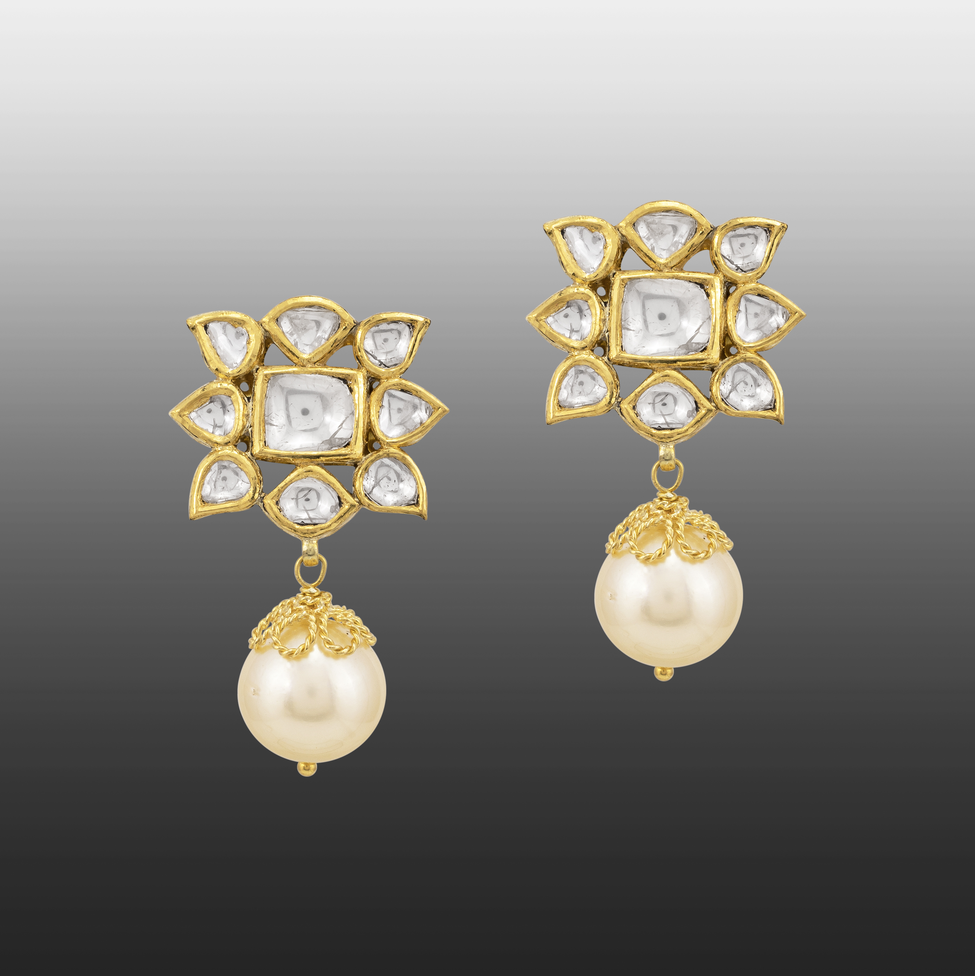 Star-Shaped Polki Earrings with Pearl Drop & Gold Detail